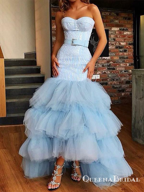Mermaid Sweetheart High Low Light Blue Tiered Tulle Prom Dresses, QB0521