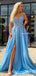 Light Blue Princess A Line Sweetheart Appliques Flowers High Slit Tulle A-line Long Cheap Prom Dresses, PDS0043