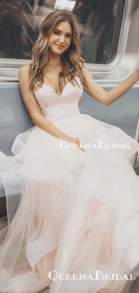 Elegant Spagnetti Straps Sleeveless V-neck Pink Organza A-line Long Cheap Formal Prom Dresses, PDS0034