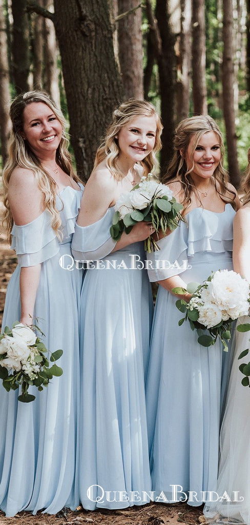 Newest Off-Shoulder Light Blue Chiffon A-line Long Cheap Bridesmaid Dresses Online, BDS0076
