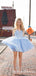 A-line V-neck Light Blue Tulle Short Cheap Party Homecoming Dresses, HDS0021