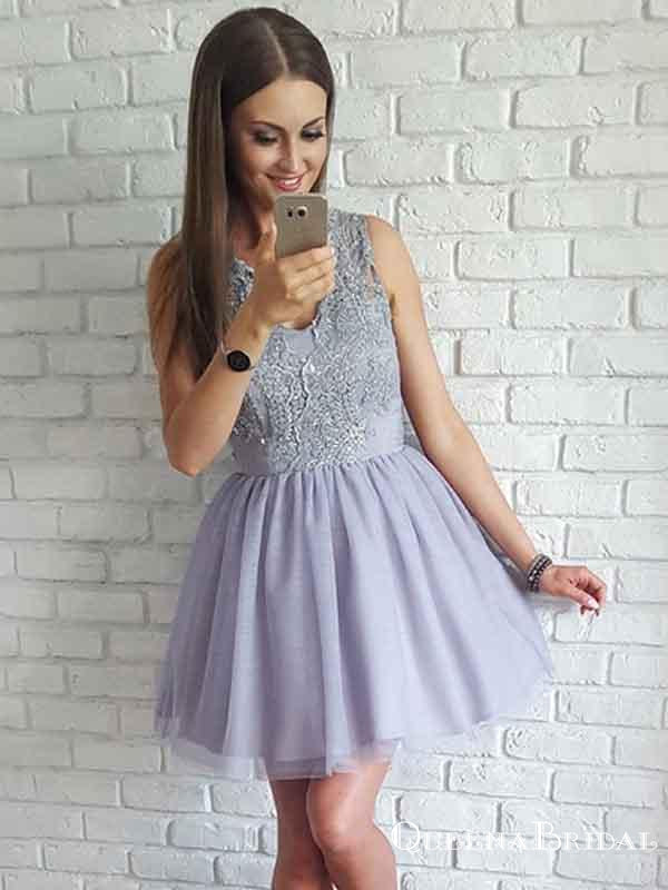 A-line Scoop Neck Tulle Short/Mini Appliques Lace Homecoming Dresses, QB0837