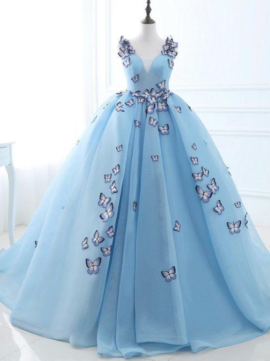 Long Sky Blue Prom Dresses Butterfly Applique Quinceanera Dresses, QB0315
