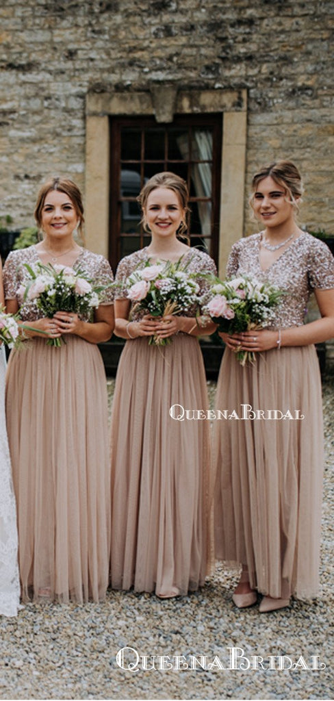 Charming Champagne Tulle V-neck Short Sleeves Floor-length Long Cheap Bridesmaid Dresses With Sequin, QB0944