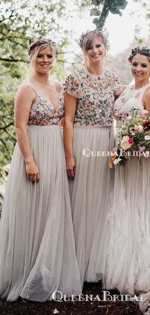 Newest Unique Design Mismatched Grey Tulle Top Flower Appliqued Long Cheap Bridesmaid Dresses, BDS0006