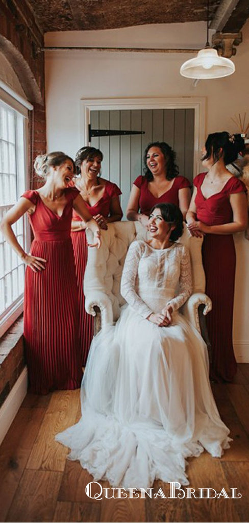 A-Line V-Neck Red Cap Sleeve Pleated Bridesmaid Dresses with Lace, QB0748