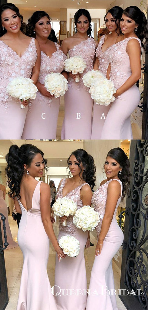 Mermaid V-Neck Long Pink Satin Bridesmaid Dresses with Appliques, QB0704