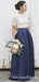 Two Piece Crew Short Sleeves Navy Blue Satin Bridesmaid Dresses with Lace, QB0810