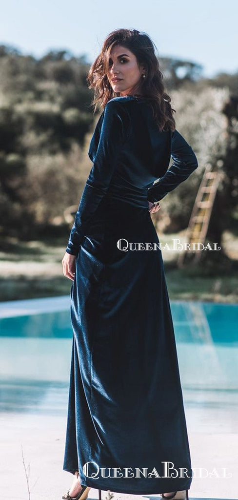 Elegant Sexy Deep V-neck Long Sleeveless High Side Slit Long Cheap Velvet Prom Dresses, QB0964