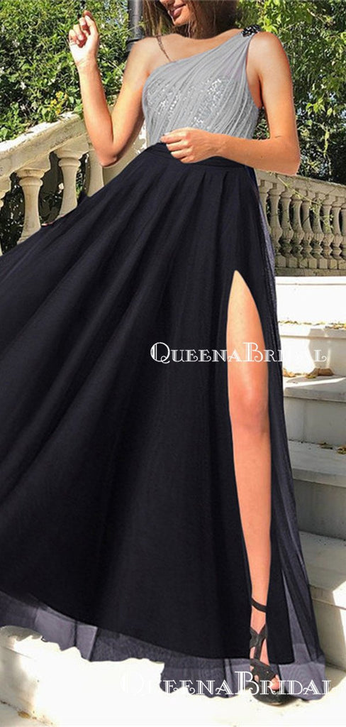 One Shoulder Sleeveless Navy Blue Chiffon Side Slit A-line Charming Long Cheap Evening Prom Dresses, QB0975