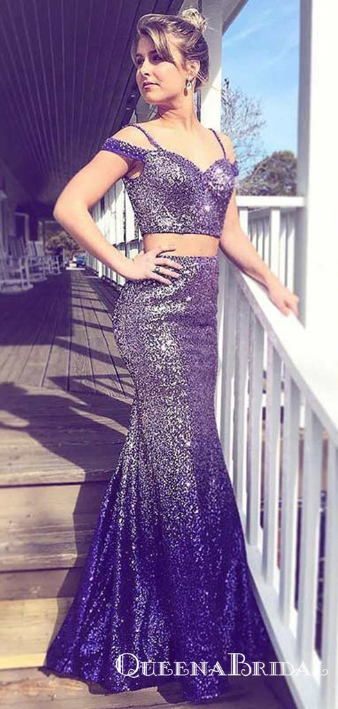 Two Piece Spaghetti Straps Long Ombre Purple Sequined Prom Dresses, QB0547