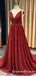 Burgundy V Neck Sleeveless Sequin Long Cheap Backless Prom Dresses, QB0759