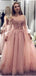 Pink Off The Shoulder Long Sleeve Long Cheap Tulle Prom Dresses With Applique, QB0611