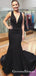 Black Deep V-Neck Satin Long Mermaid Evening Prom Dresses, QB0573