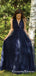 Simple Navy Blue V Neck Sleeveless Long Cheap Prom Dresses, QB0751