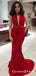 Mermaid Round Neck Red Long Prom Dresses with Beaded Keyhole, QB0517