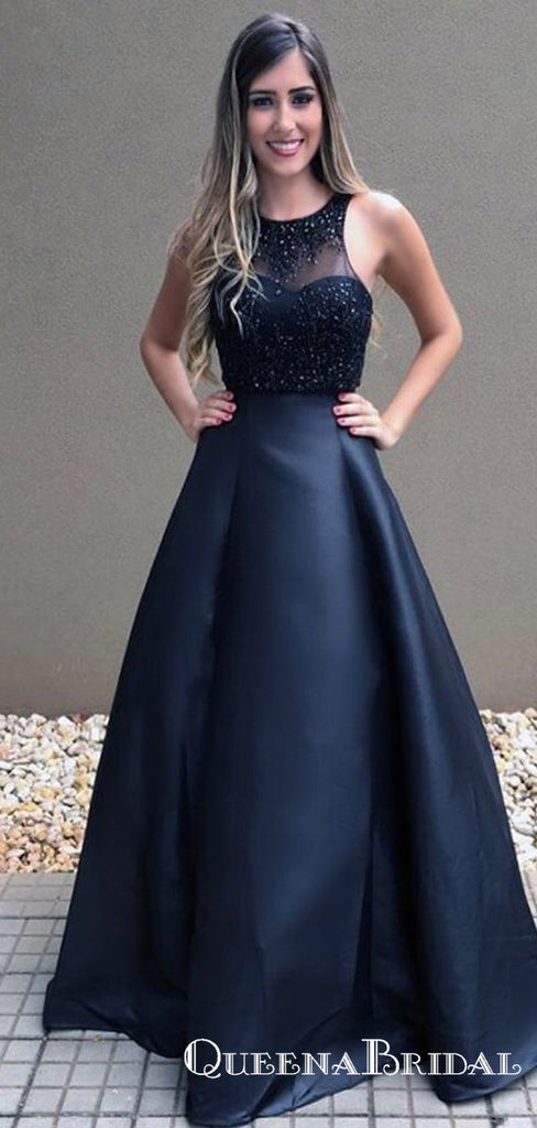 Cheap Black Beaded Long A-line Formal Ball Gown Prom Dresses, QB0604