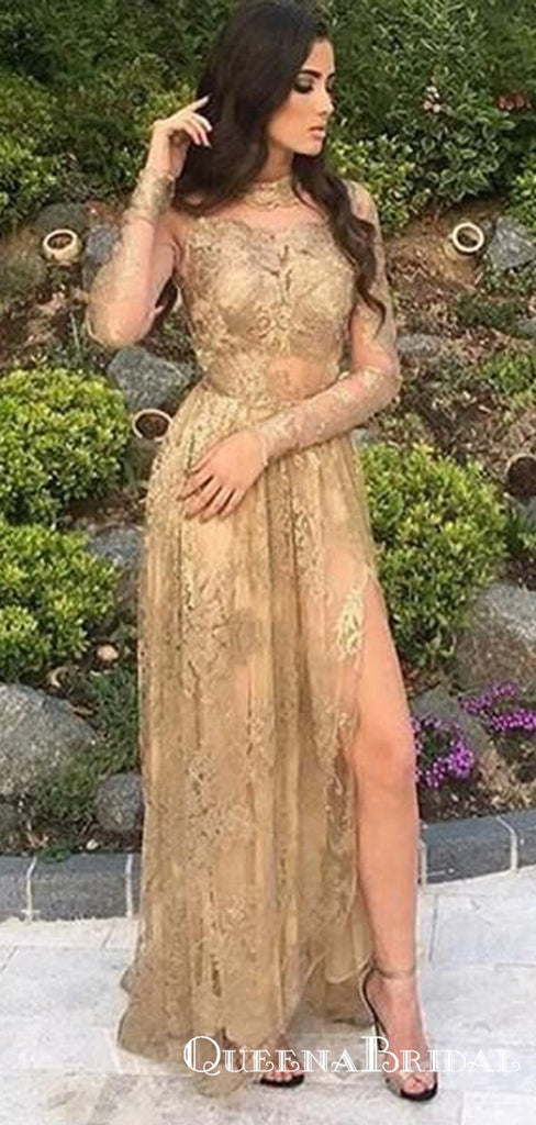 Charming A-Line High Neck Gold Lace Prom Dresses with Appliques, QB0578