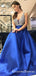 A-Line V-Neck Long Cheap Royal Blue Satin Prom Dresses With Beaded, QB0684