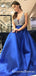A-Line V-Neck Long Cheap Royal Blue Satin Prom Dresses With Beaded, QB0684