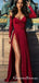 Sexy Off-Shoulder Long Sleeves Long Burgundy Prom Dresses with Split, QB0505