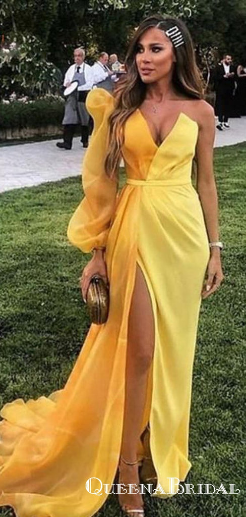 Unique Desigh One shoulder Long Sleeves Yellow Long A-line Organza Cheap Prom Dresses, QB0924