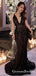 Sparkly Mermaid Deep V-Neck Long Black Lace Prom Dresses with Beaded, QB0514