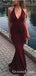 Sexy V Neck Burgundy Long Cheap Mermaid Prom Dresses, QB0790