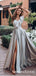 A-Line V-Neck Long Cheap Grey Prom Dresses with Ruched Split, QB0794