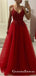 Charming V Neck Spaghetti Straps Dark Red Tulle Long with Beading Prom Dresses, QB0562