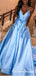 A-Line Sky Blue Satin Spaghetti Straps Prom Dresses With Pocket, QB0714