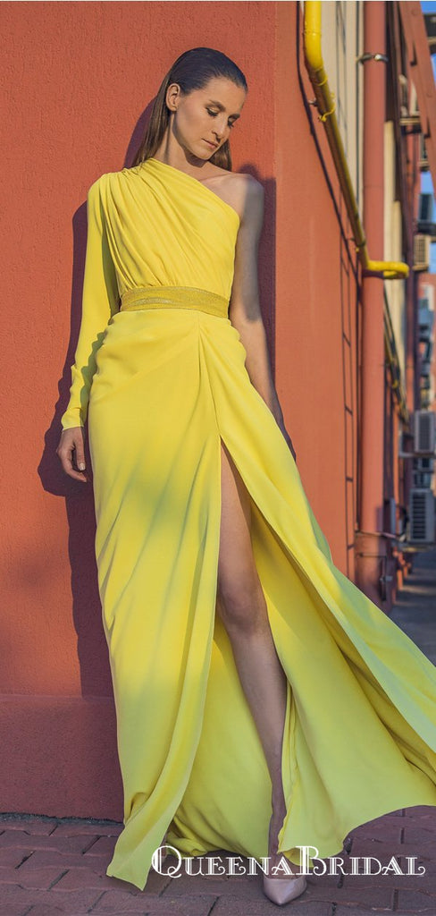 Newest Simple Charming One Shoulder Long Sleeves Yellow Chiffon Long Cheap Side Slit Prom Dresses, QB0927