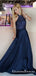 A-Line Halter Long Cheap Navy Blue Prom Dresses with Beading, QB0523
