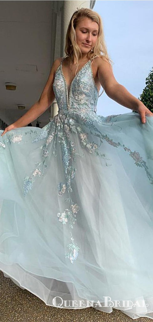 A Line Spaghetti Straps Light Blue Prom Dresses With Beading Appliques, QB0682