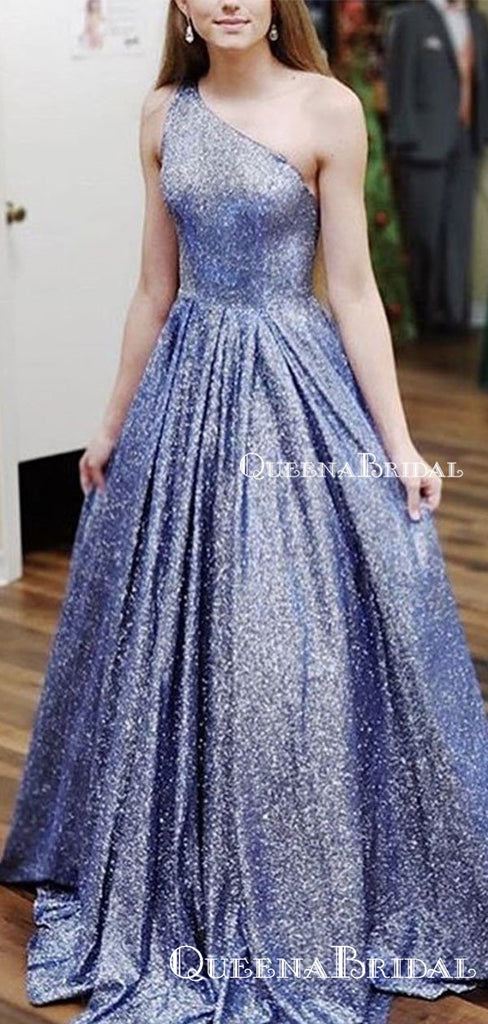 Charming Elegant One Shoulder Sparkly Blue Sequin A-line Long Cheap Formal Evening Prom Dresses, PDS0032