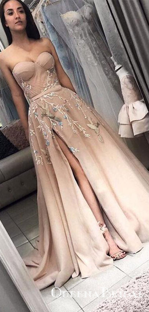 Champagne Sweetheart Long Cheap Prom Dresses With Applique, QB0553