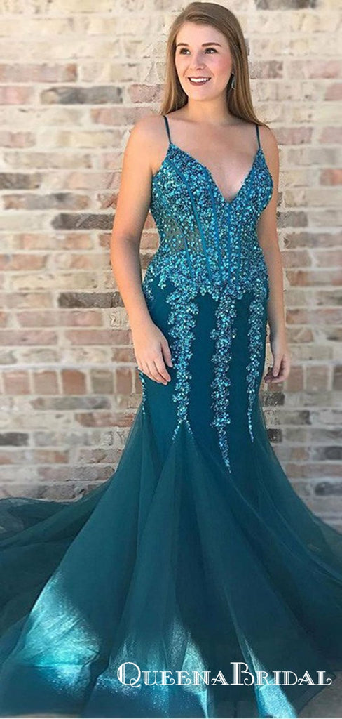Mermaid Spaghetti Straps Turquoise Prom Dresses with Appliques&Beaded, QB0539