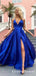 Simple A Line V Neck Spaghetti Straps Royal Blue Long Prom Dresses, QB0582