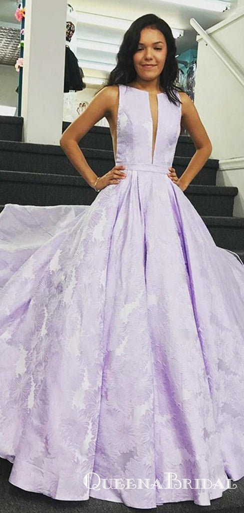 A-Line Bateau Sleeveless Long Cheap Lilac Floral Satin Prom Dresses, QB0590