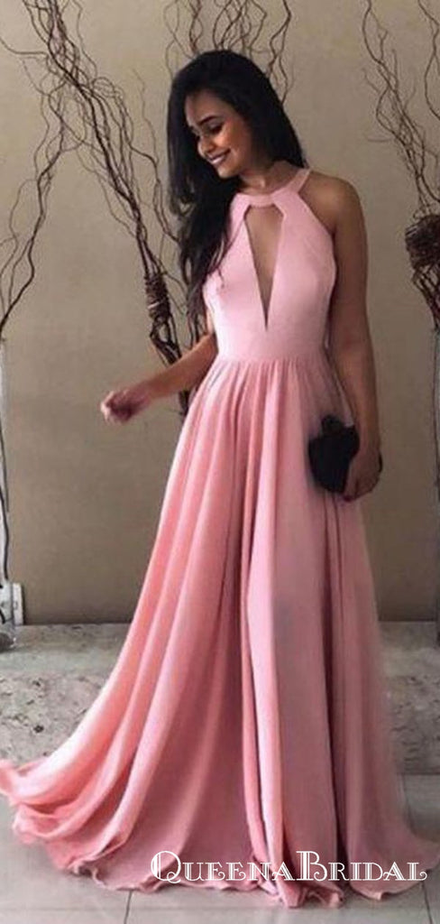 Charming A-Line Halter Pink Chiffon Satin Long Prom Dresses, QB0568