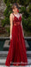 Stunning A-Line V Neck Open Back Burgundy Tulle Long Prom Dresses with Lace, QB0569