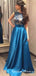 A-Line Scoop Neck Sleeveless Blue Floor Length Prom Dresses with Lace, QB0734