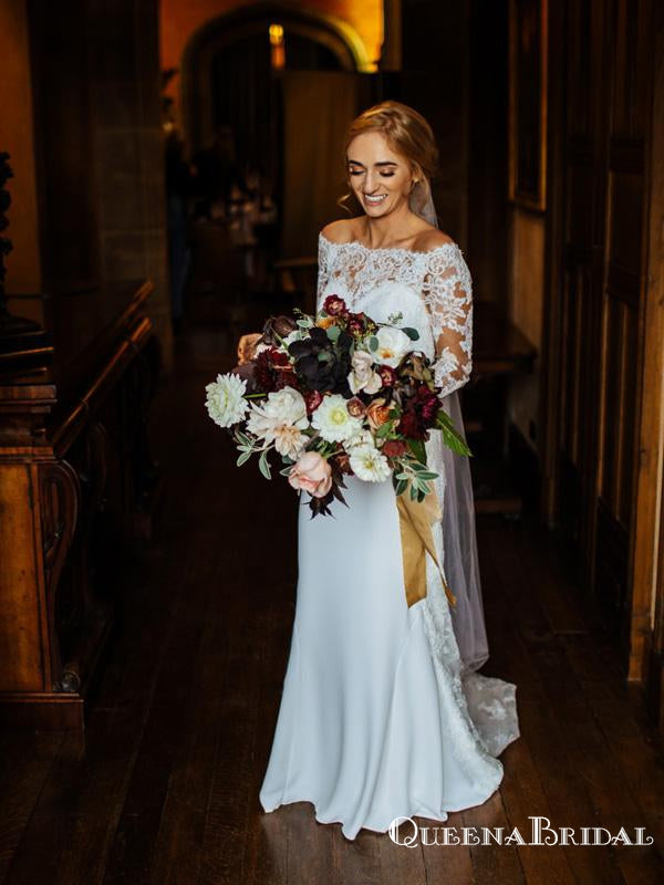 Elegant Off Shoulder Long Sleeve Lace Long Cheap Wedding Dresses, QB0855