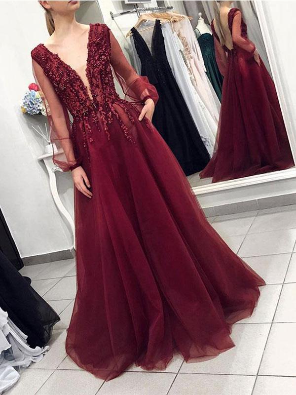 Sexy Backless Long Sleeves Burgundy Lace Long Evening Prom Dresses, QB0398