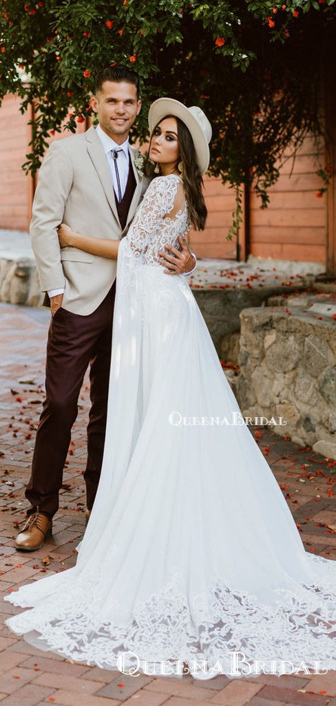 Unique Design Halter Long Sleeves Long Cheap Top Lace Appliqued A-line Beach Wedding Dresses, QB0935