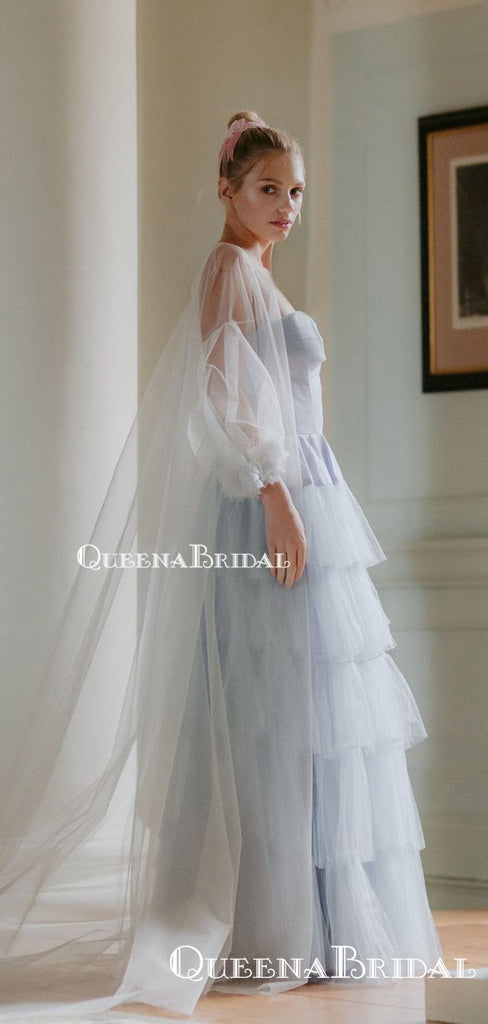 Cute Lovely Square Neckline Long Sleeves Blue Tulle Long Cheap Wedding Dresses, QB0937