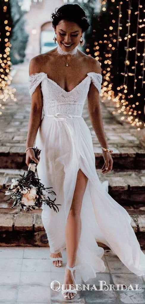 Simple Off Shoulder Long Cheap Side Slit Wedding Dresses With Applique, QB0812