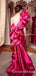 Charming One shoulder Rose Pink Satin Mermaid Long Cheap Prom Dresses With Ruffles, PDS0067