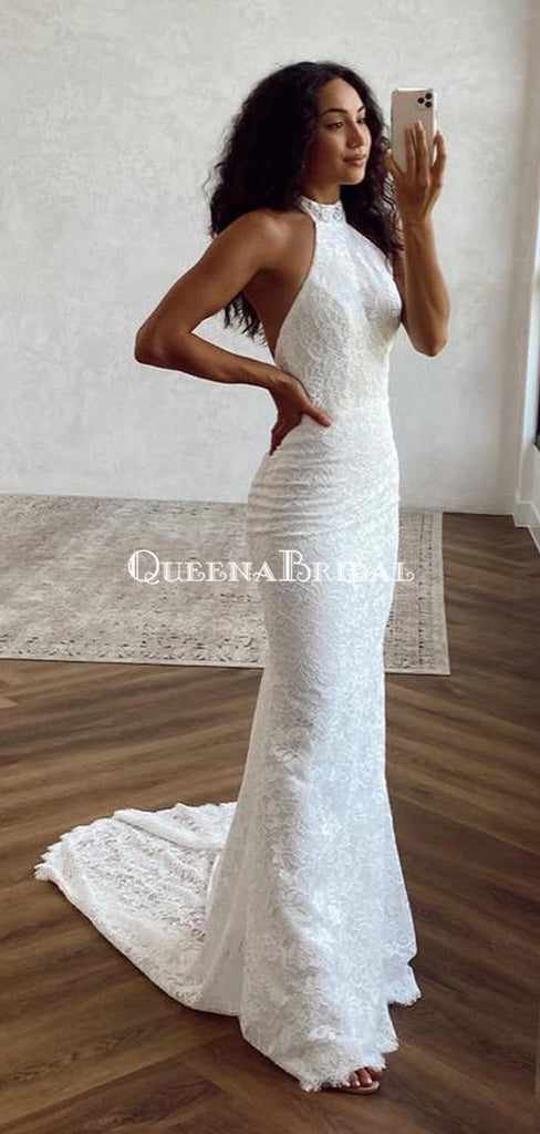 Elegant Halter Mermaid Lace Long Cheap Wedding Dresses, WDS0047