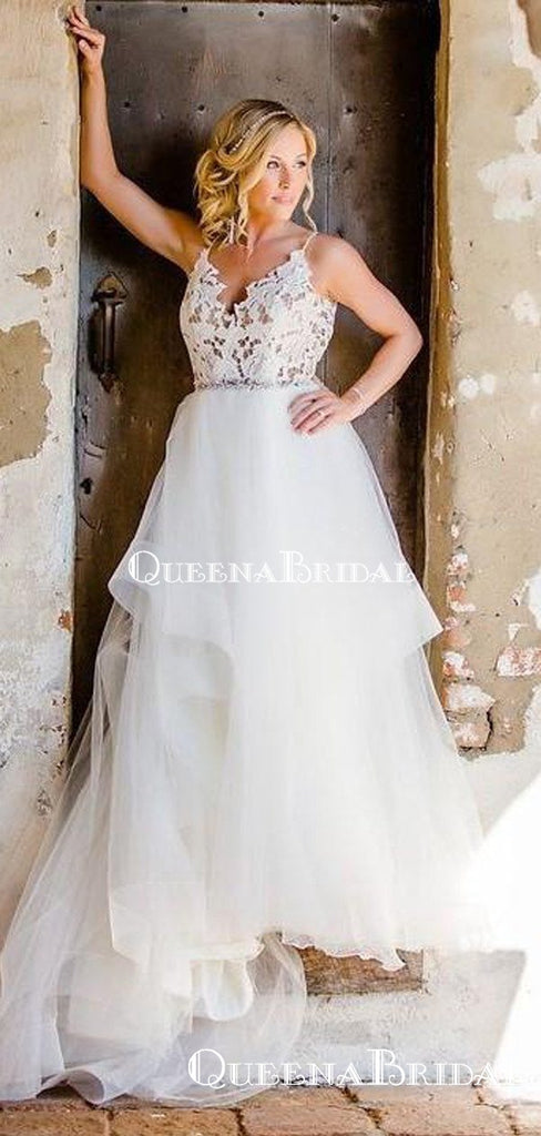 Charming V-neck Lace Appliqued A-line Long Cheap Beach Wedding Dresses, WDS0038